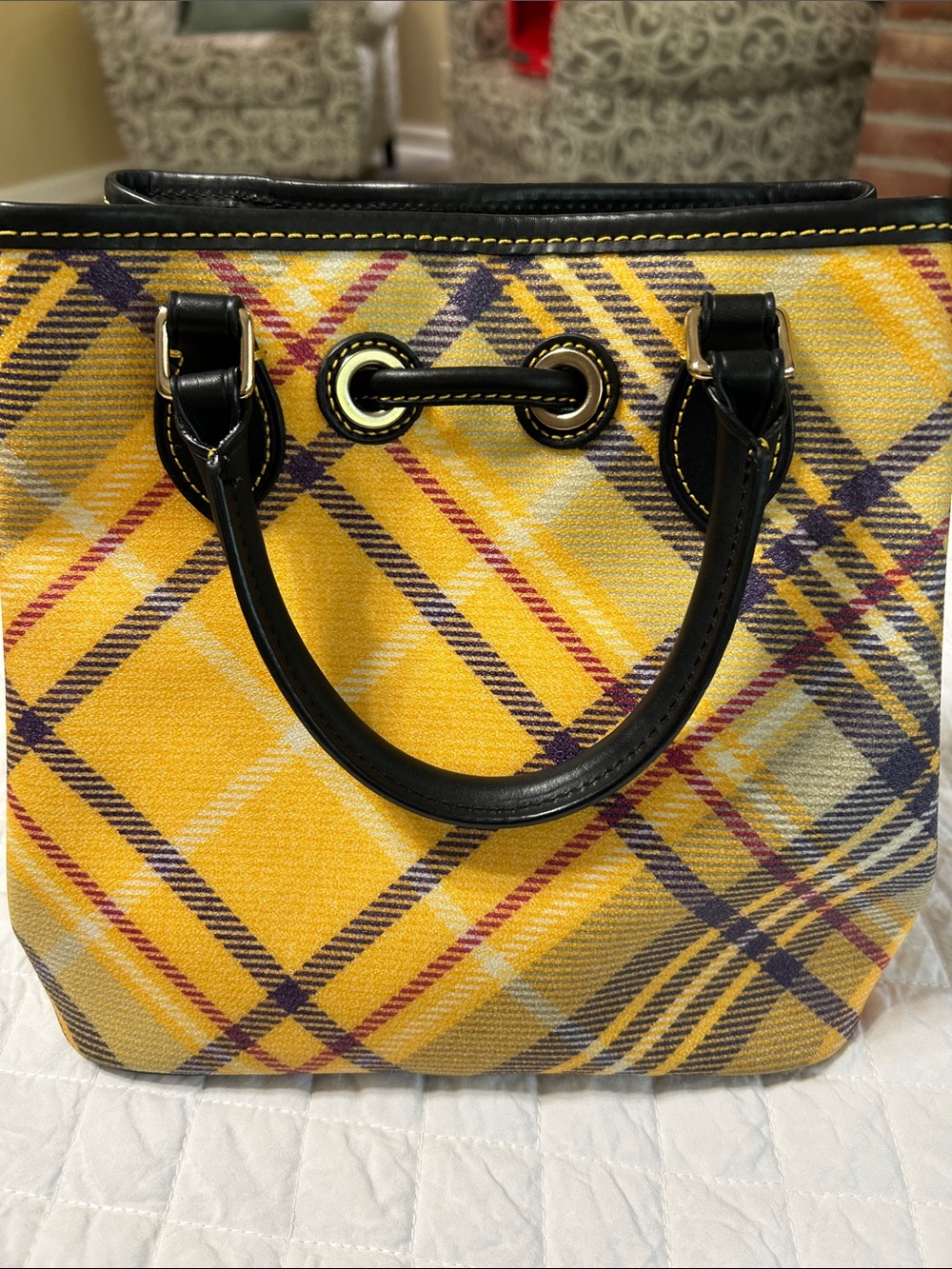 Dooney & Bourke Yellow Plaid Drawstring Bucket Bag with Black Trim - Picture 3 of 7